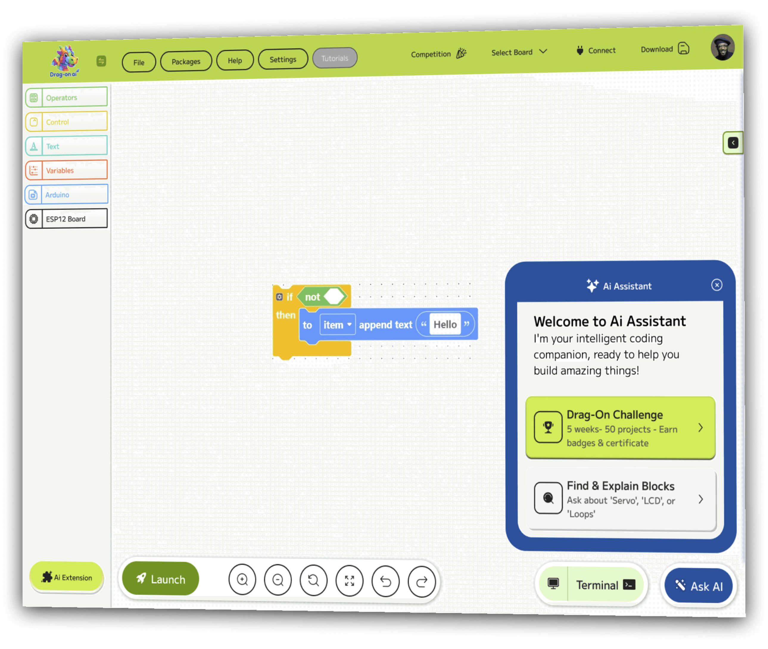 The Drag-on.ai block editor, an if/then script on the canvas and the AI assistant panel open beside it