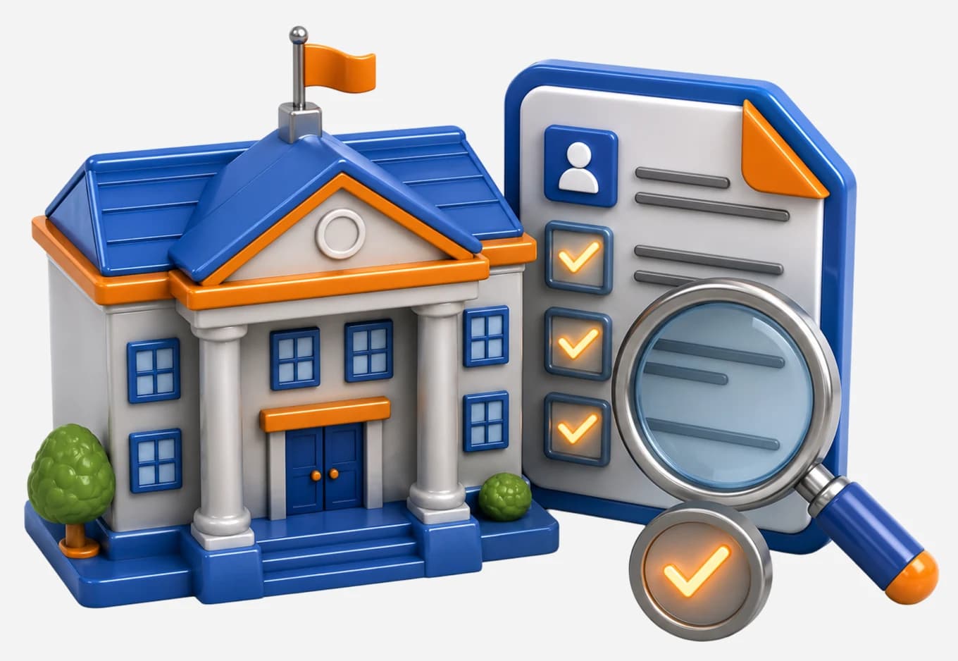 A school building beside an eligibility checklist and a magnifying glass