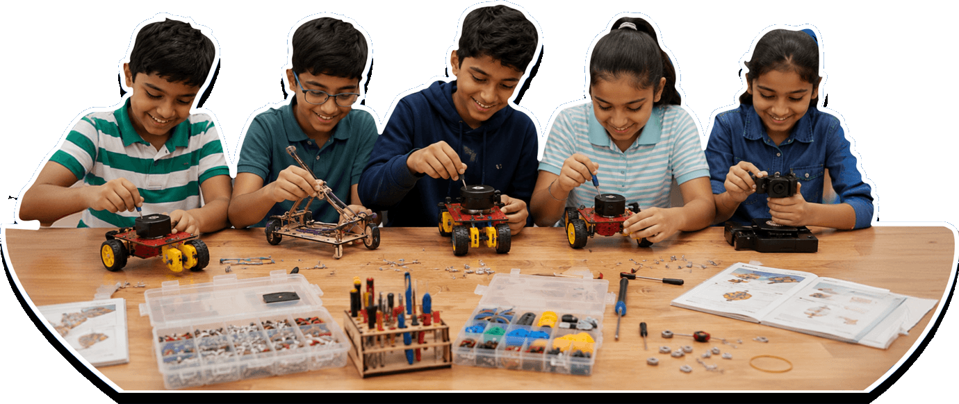 Students building kits at a classroom table