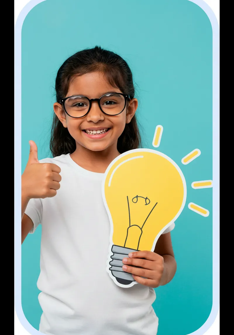 Girl giving a thumbs up while holding a lightbulb cut-out