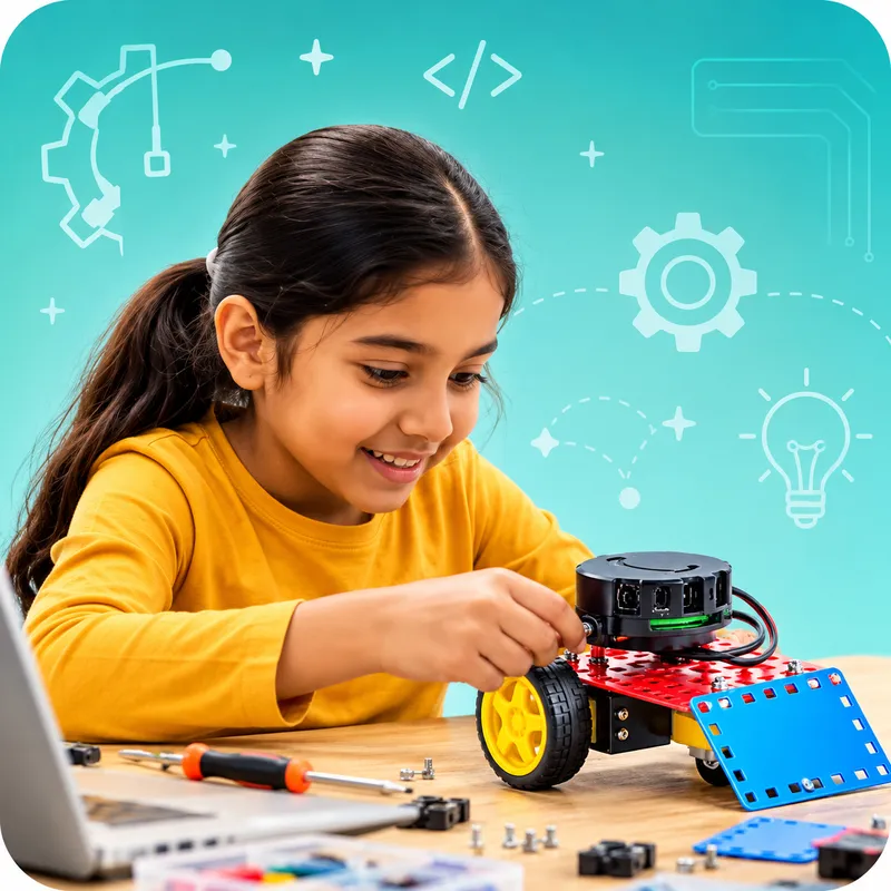 Girl Building a Colorful Robot