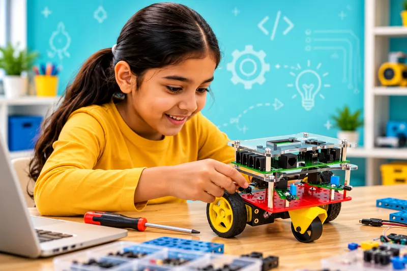 Girl Building a Robot in STEM Lab