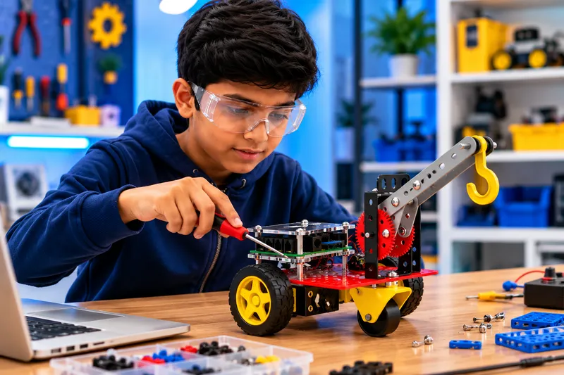 Young Engineer Building a Robotic Crane