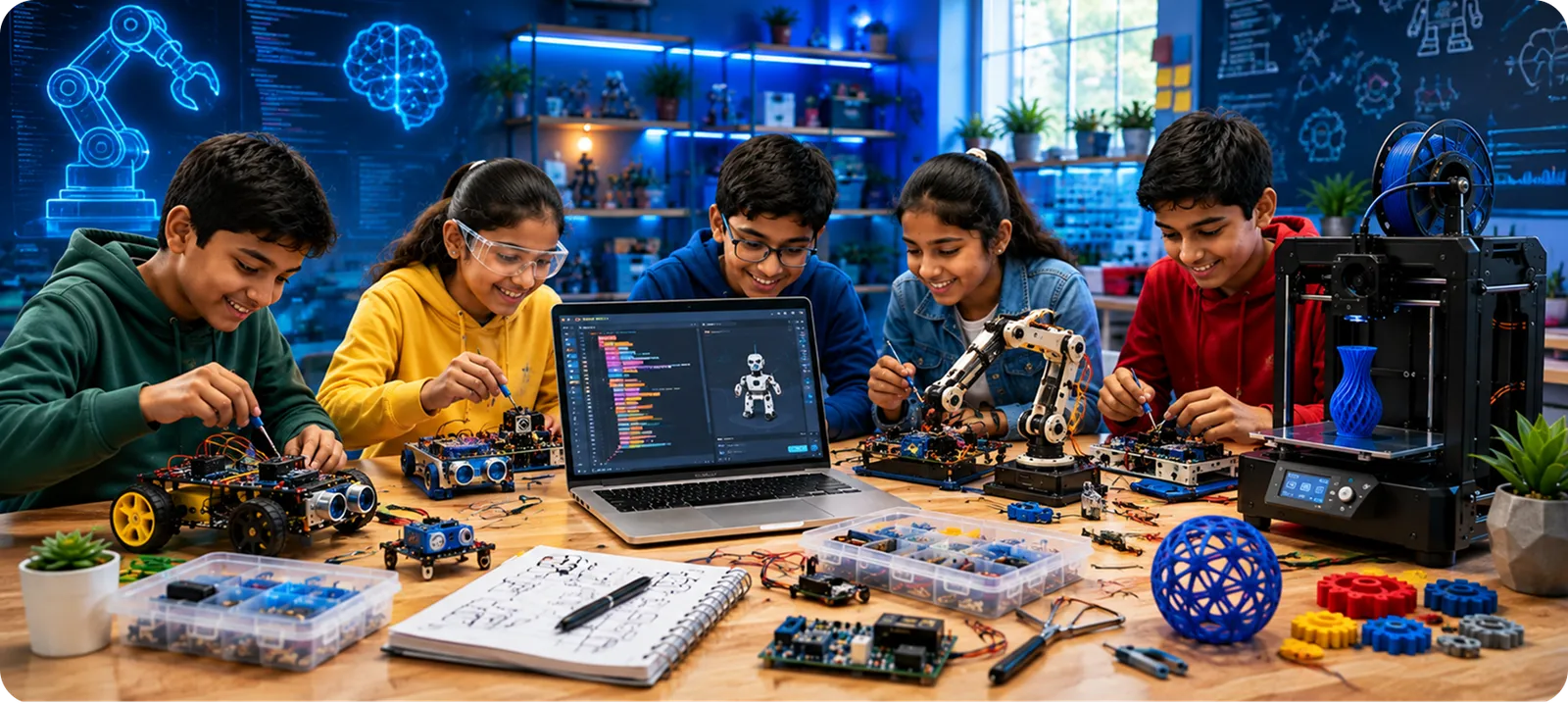 Blog hero — students building at a makerspace table